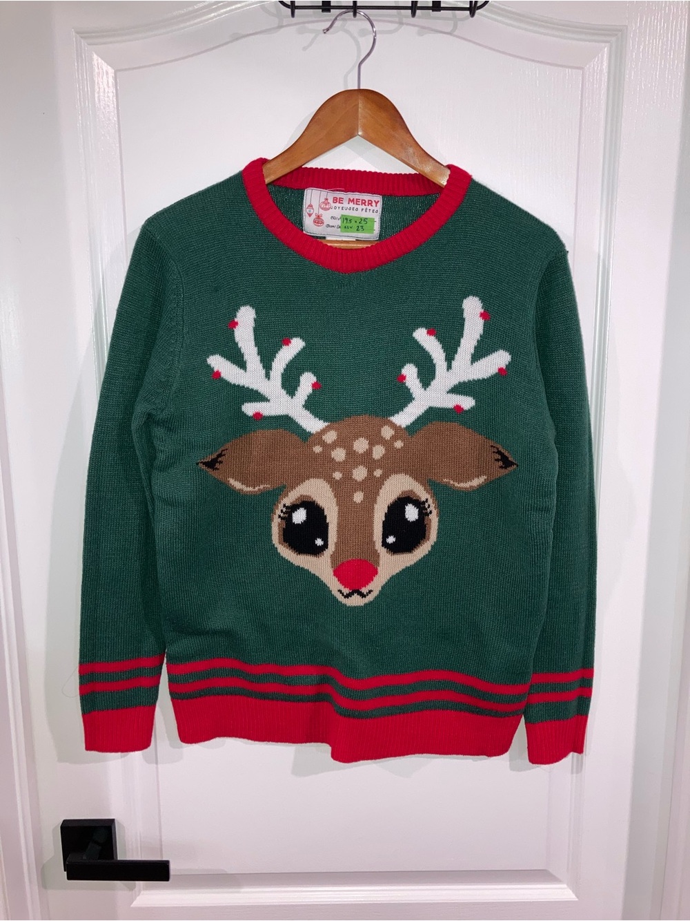 Green & Red Reindeer Holiday Sweater Be Merry - size L